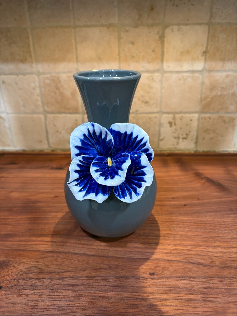 Anthropologie 3D Pansy Flower Ceramic Vase Grey & Cobalt Blue - 8” (Retired)